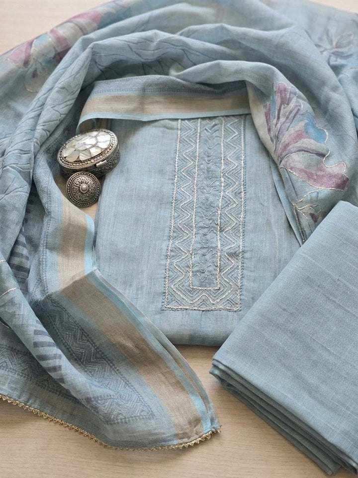 Printed Linen Blend Unstitched Suit With Pant &amp; Dupatta