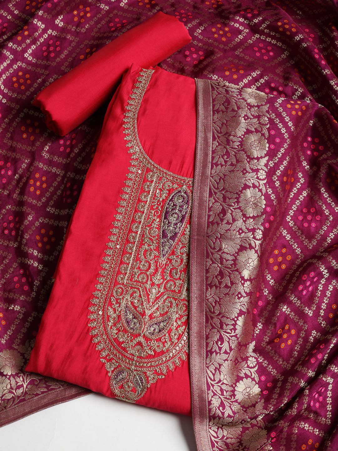 Embroidered Chanderi Unstitched Suit With Dupatta