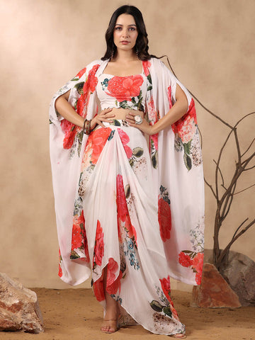 Printed Crepe Cape And Dhoti Skirt Set