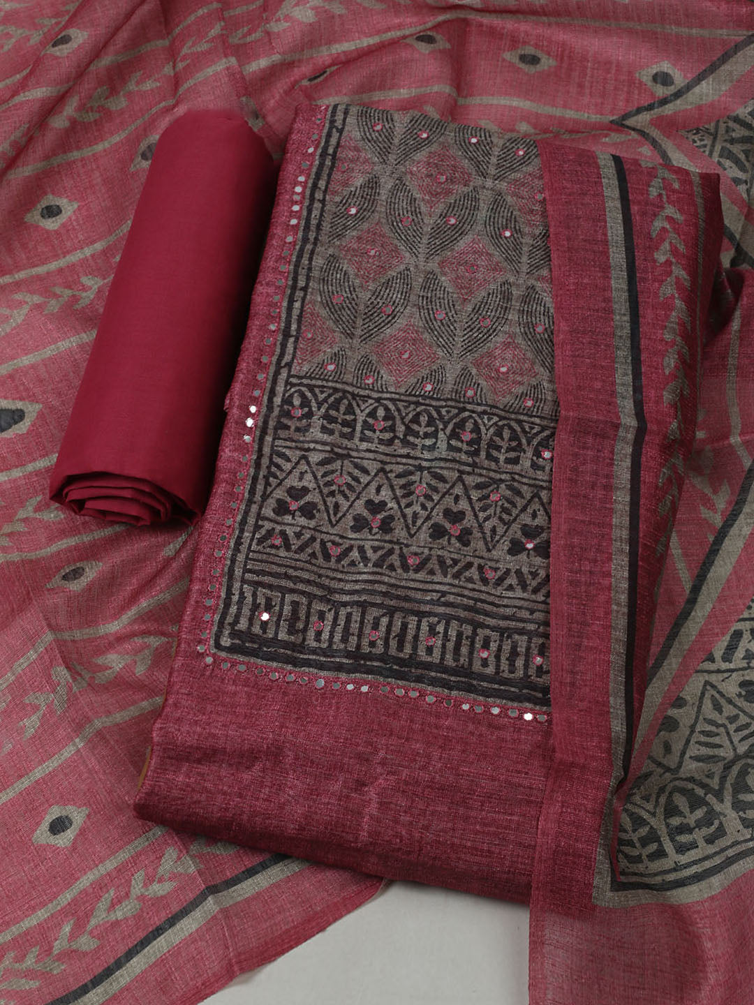 Printed Chanderi Unstitched Suit With Pant &amp; Dupatta