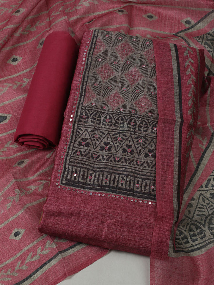 Printed Chanderi Unstitched Suit With Pant &amp; Dupatta