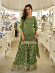 Embroidered Art Silk Suit With Plazzo & Dupatta