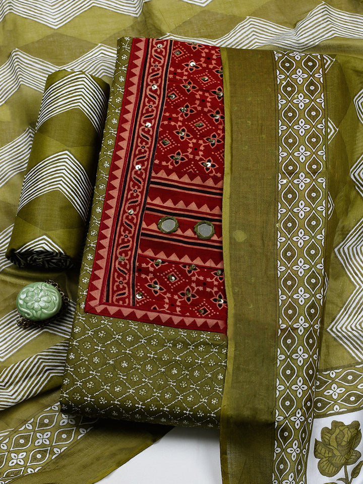 Printed Cotton Blend Unstitched Suit With Pant &amp; Dupatta