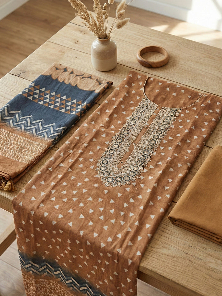 Embroidered Chanderi Unstitched Suit With Pant &amp; Dupatta
