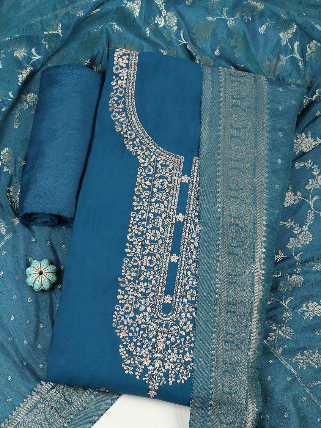 Embroidered Chanderi Unstitched Suit With Pant &amp; Dupatta