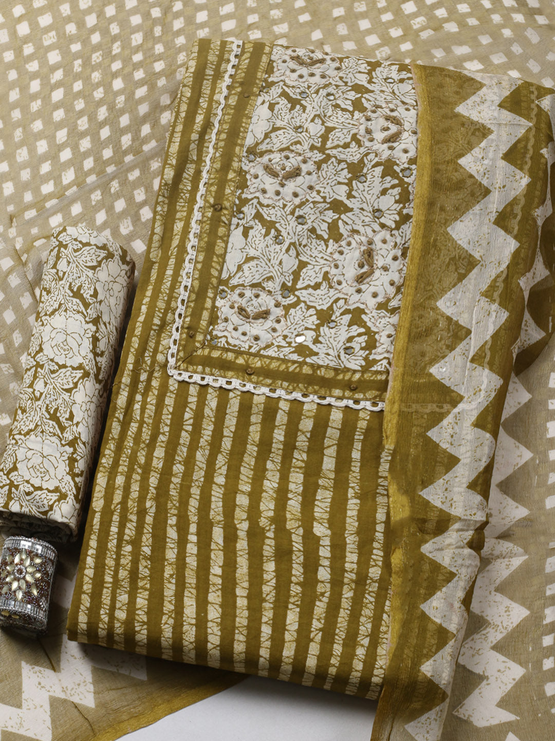 Embroidered Cotton Blend Unstitched Suit With Pant &amp; Dupatta