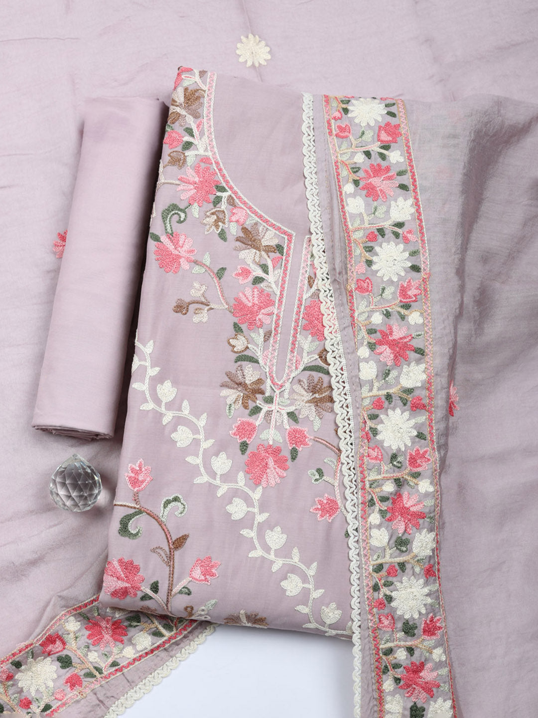 Embroidered Chanderi Unstitched Suit With Pant &amp; Dupatta