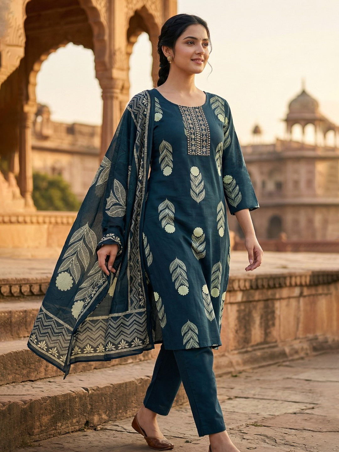 Blue Embroidered Cotton Blend Straight Suit Set With Dupatta