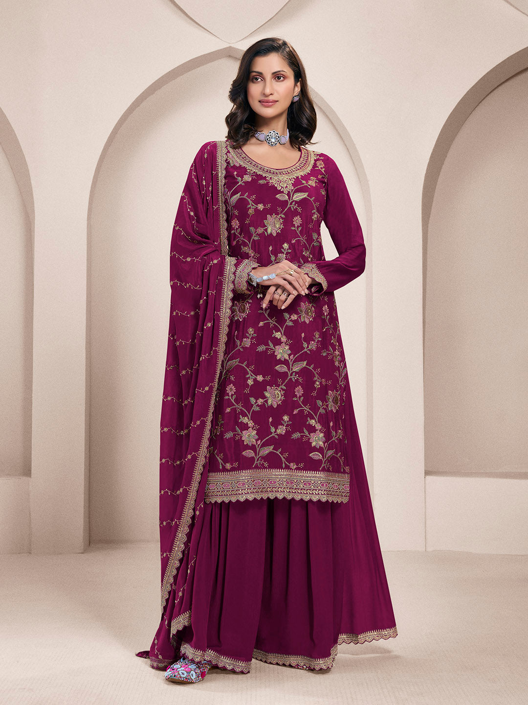 Embroidered Chinon Unstitched Suit With Pant &amp; Dupatta
