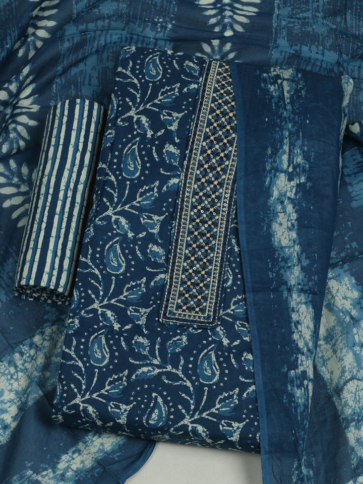 Printed Cotton Unstitched Suit With Pant &amp; Dupatta