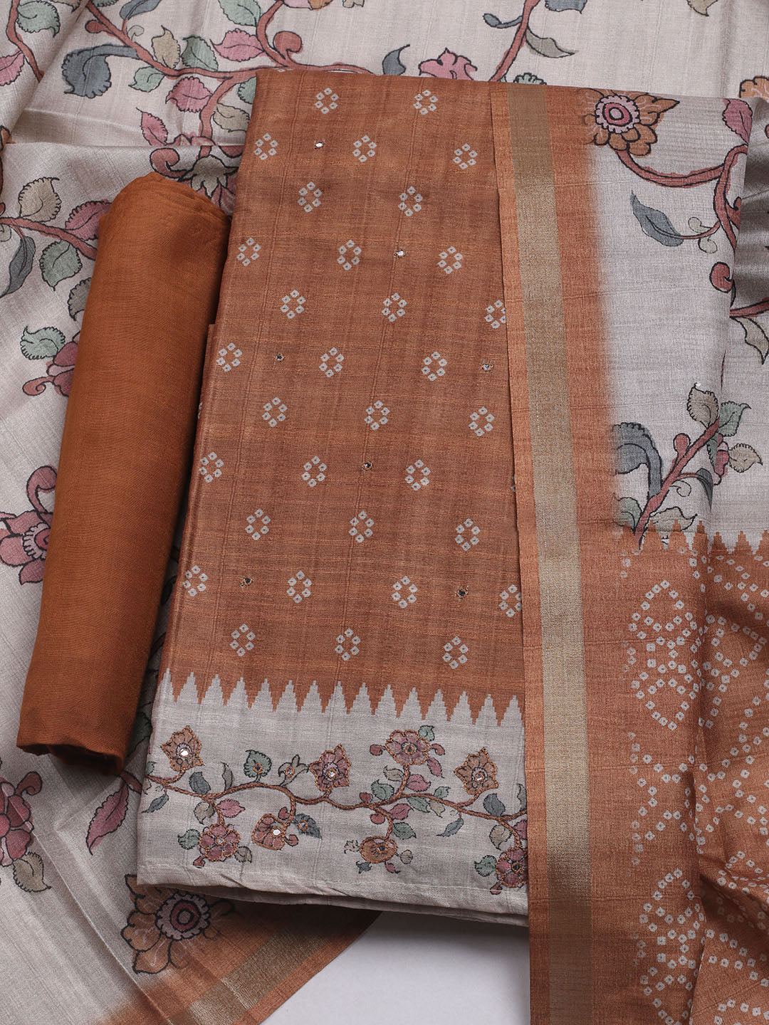 Embroidered Tussar Unstitched Suit With Dupatta