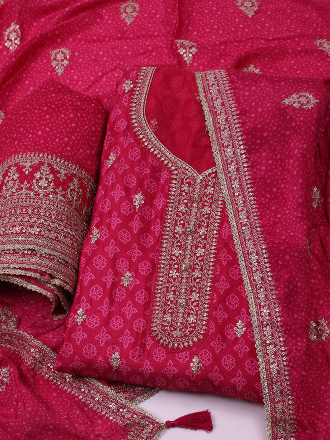 Embroidered Art Silk Unstitched Suit With Dupatta