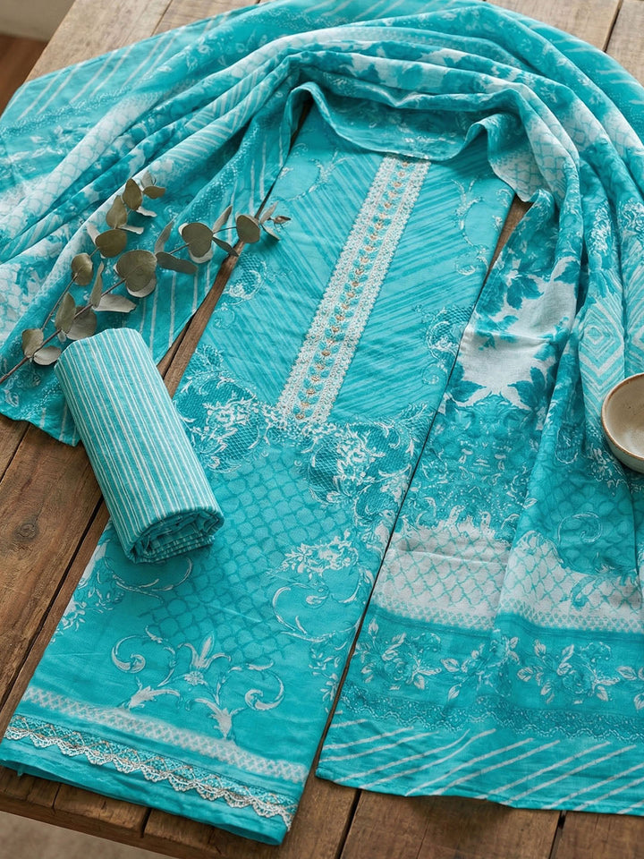 Embellished Cotton Blend Unstitched Suit With Pant &amp; Dupatta