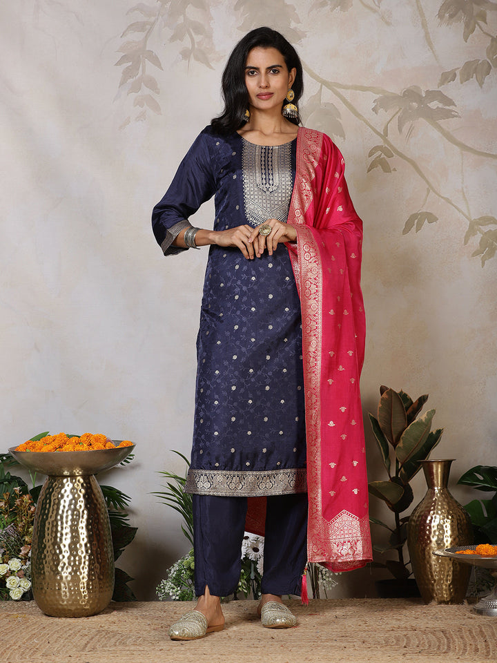Banarasi Weave Art Silk Kurta With Pants &amp; Dupatta