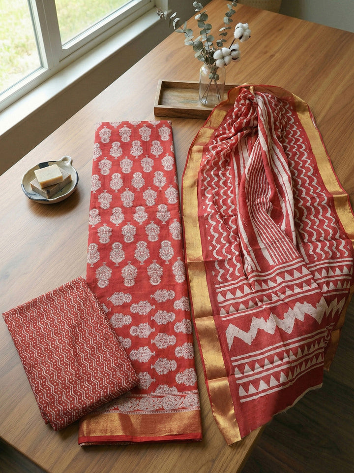 Printed Cotton Blend Unstitched Suit With Pant &amp; Dupatta