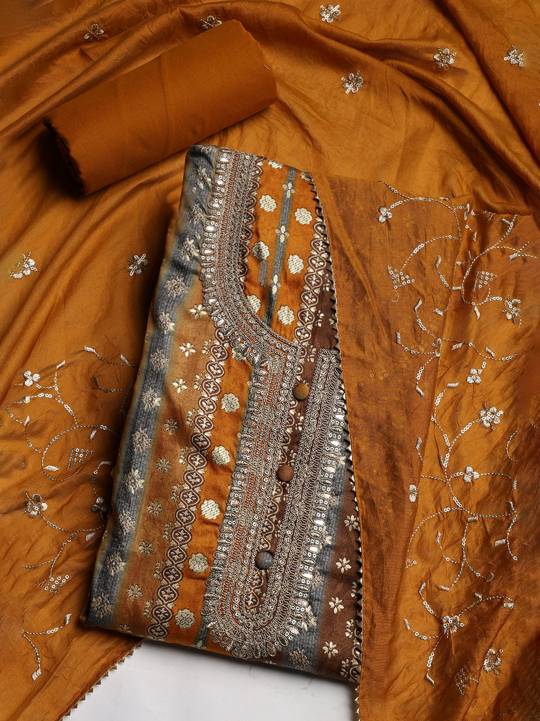 Neck Embroidered Cotton Blend Unstitched Suit With Dupatta