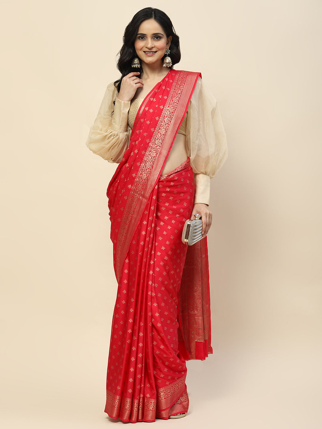 Zari Border Booti Satin Woven Saree