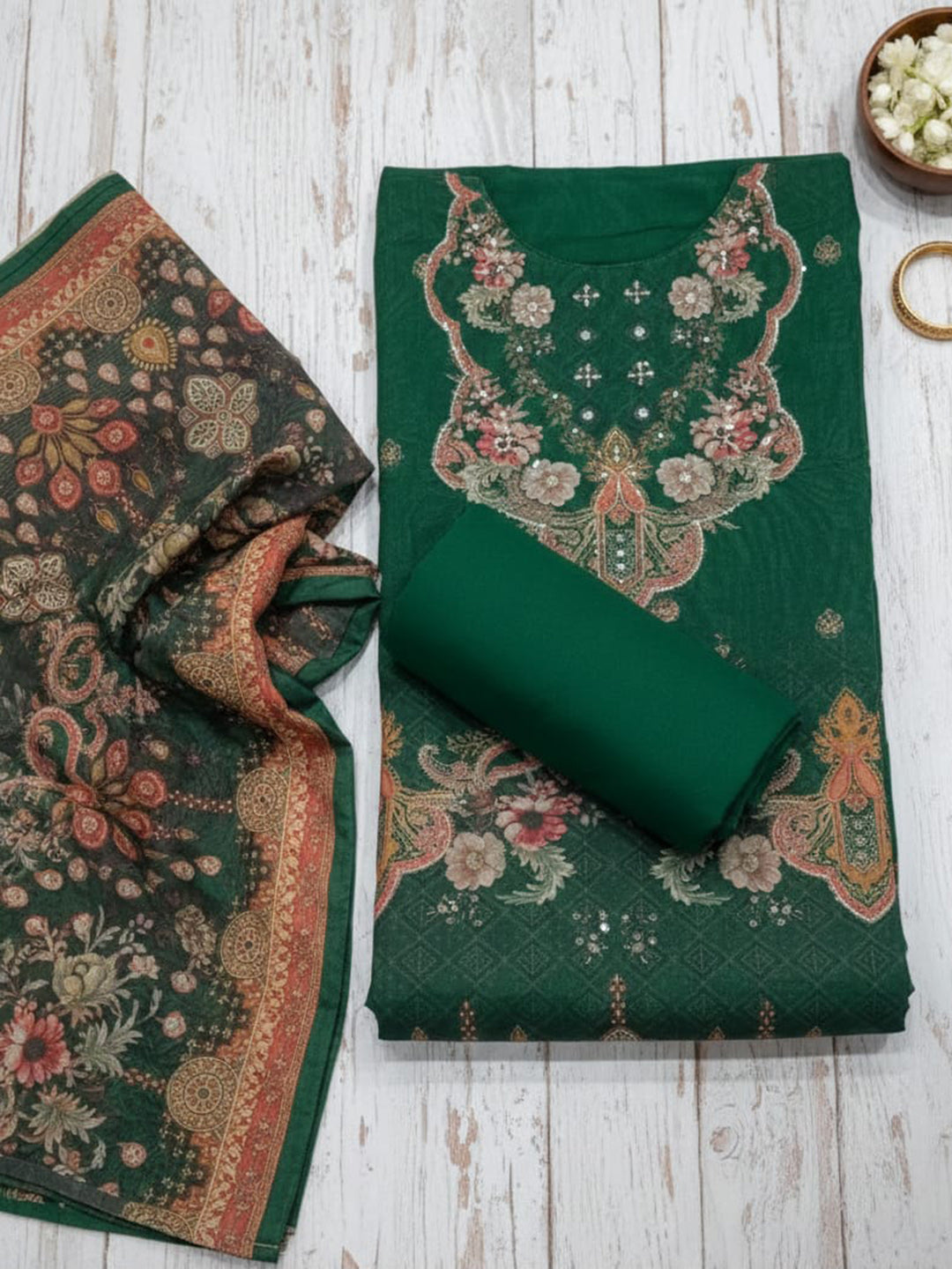 Embroidered Chanderi Unstitched Suit With Pant &amp; Dupatta