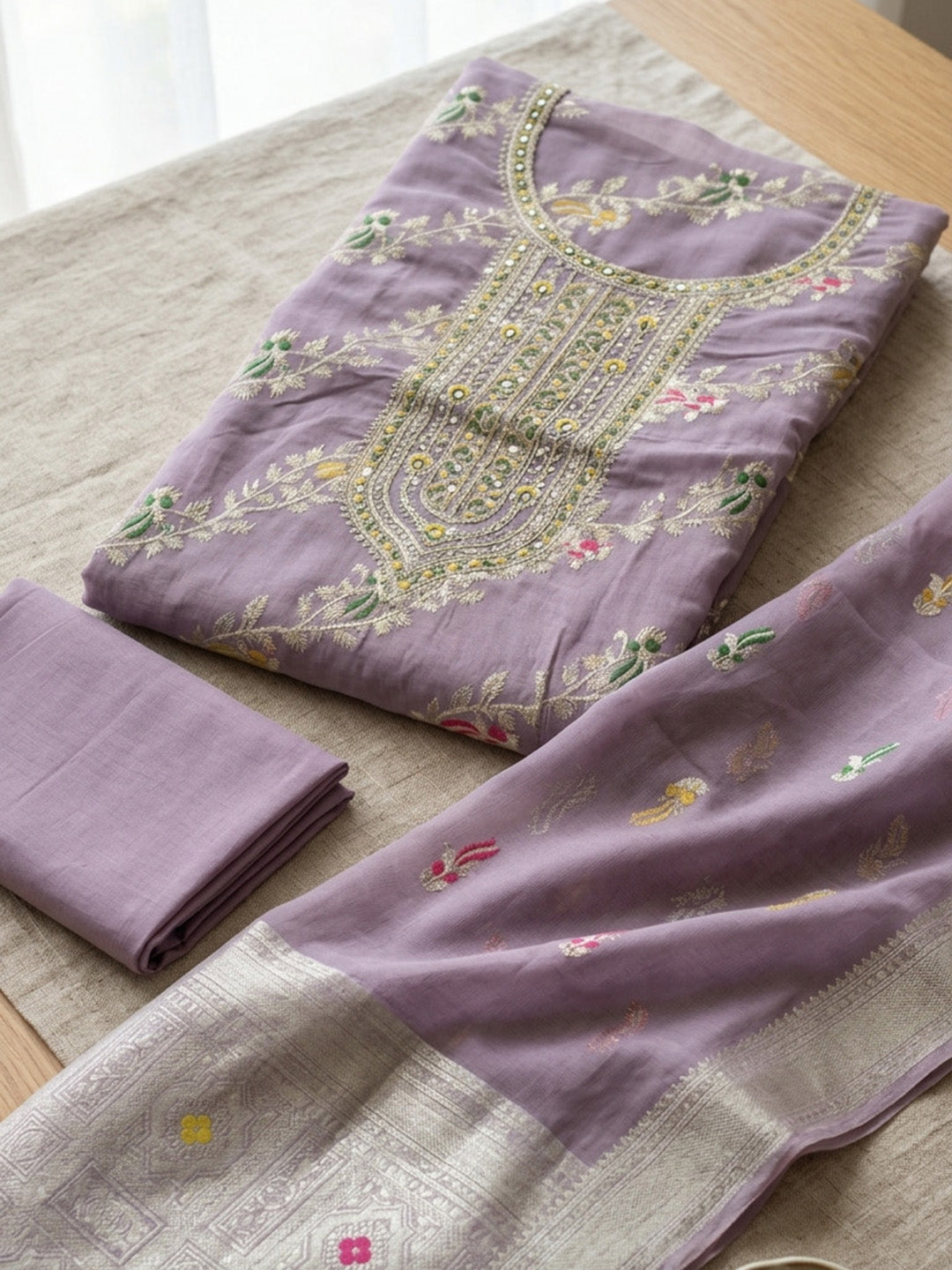 Embroidered Chanderi Unstitched Suit With Pant &amp; Dupatta