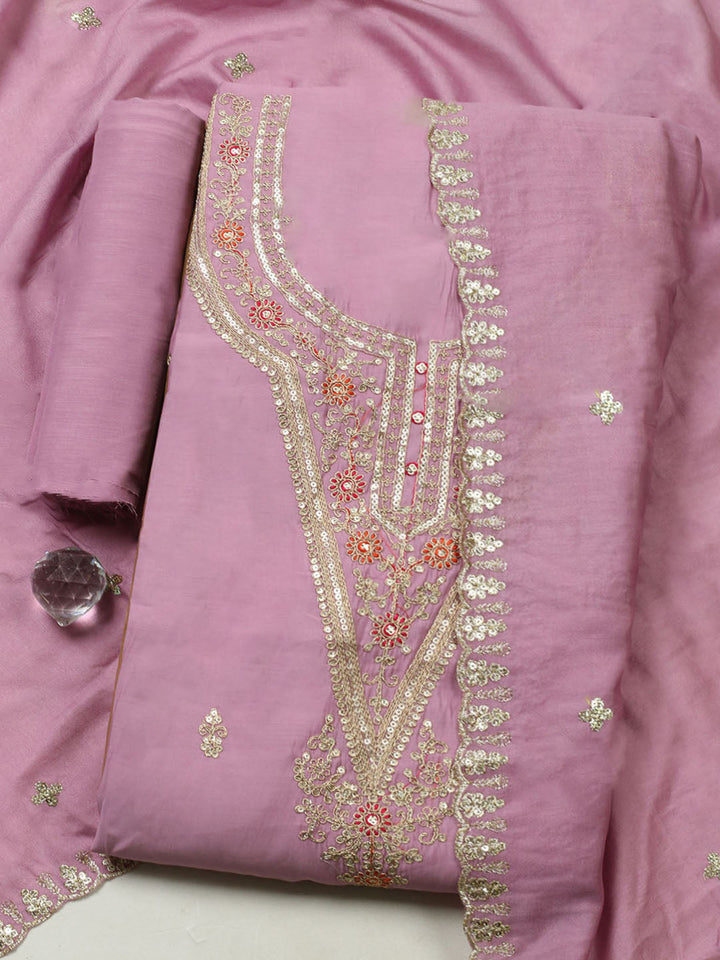 Embroidered Chanderi Unstitched Suit With Pant &amp; Dupatta