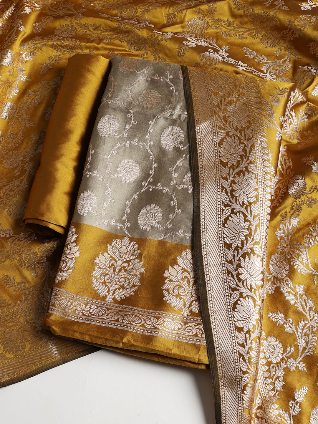 Woven Banarasi Chanderi Unstitched Suit With Dupatta