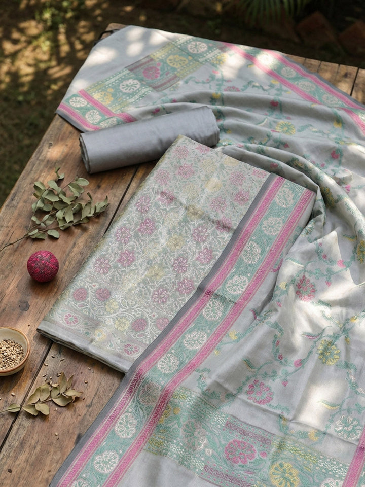 Woven Design Chanderi Unstitched Suit With Pant &amp; Dupatta
