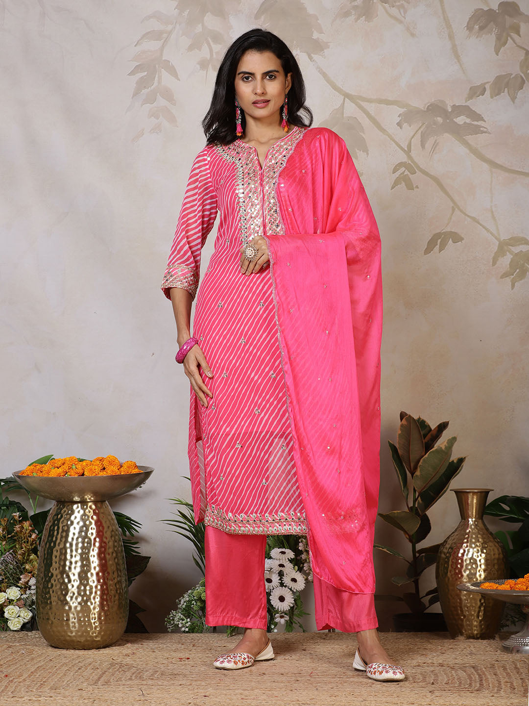 Embroidered Georgette Kurta With Pants &amp; Dupatta