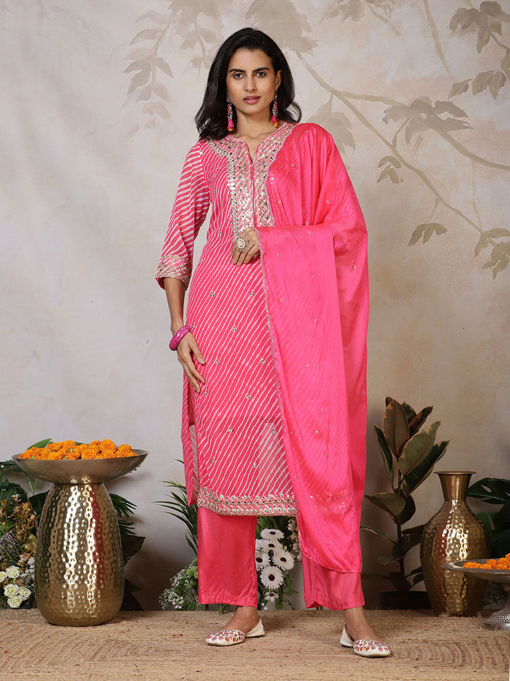 Embroidered Georgette Kurta With Pants &amp; Dupatta