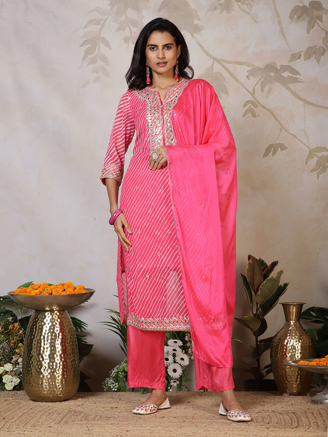 Embroidered Georgette Kurta With Pants & Dupatta