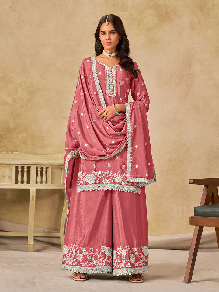 Embroidered Chinnon Semi Stitched Kurta With Plazzo &amp; Dupatta
