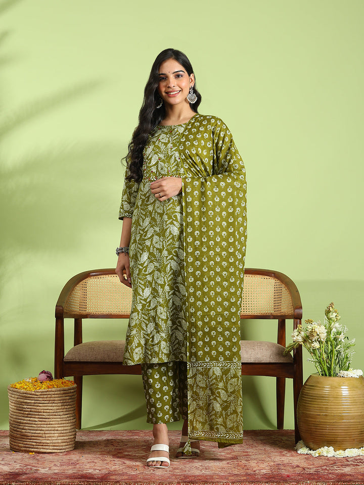 Printed Cotton Kurta With Pant &amp; Dupatta