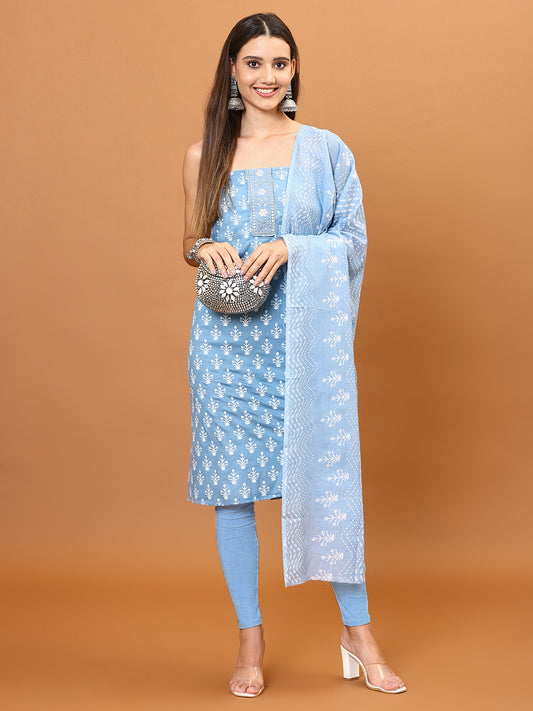 Neck Patti Printed Cotton Unstitched Suit Piece With Dupatta