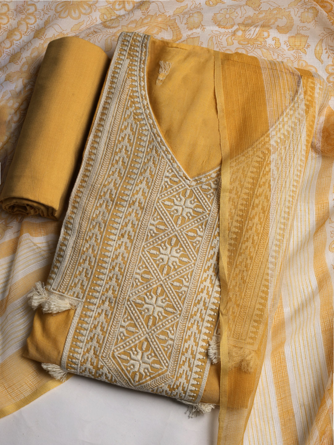 Neck Embroidered Cotton Blend Unstitched Suit With Dupatta