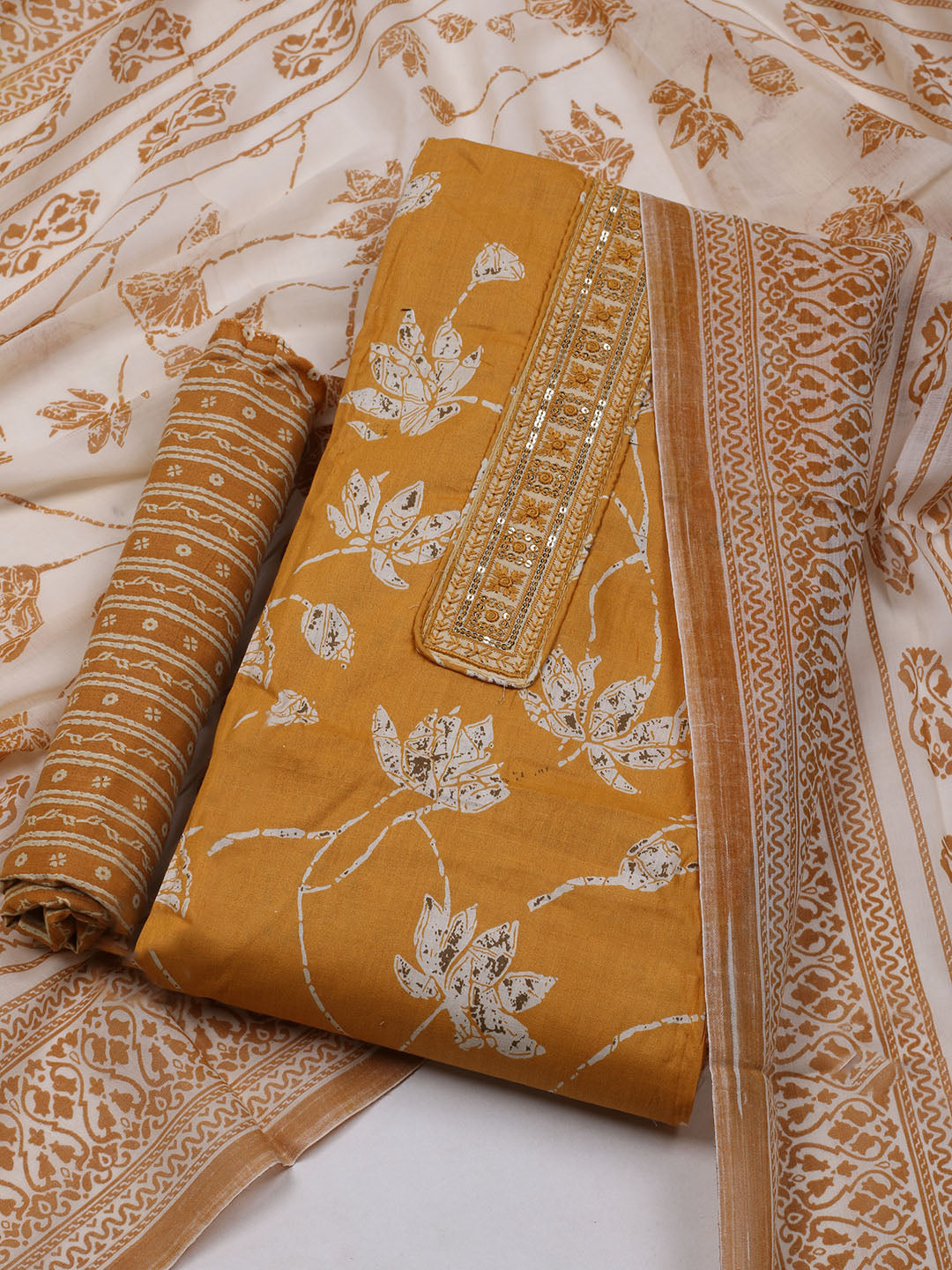 Printed Cotton Blend Unstitched Suit With Dupatta