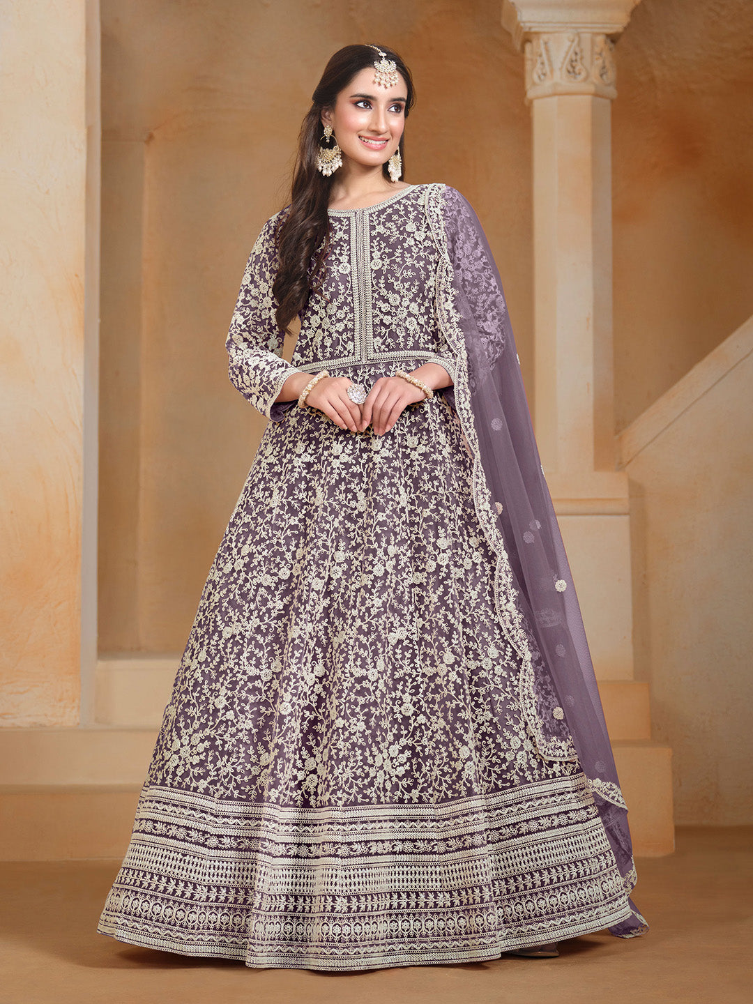Embroidered Net Semi Stitched Kurta With Salwar &amp; Dupatta