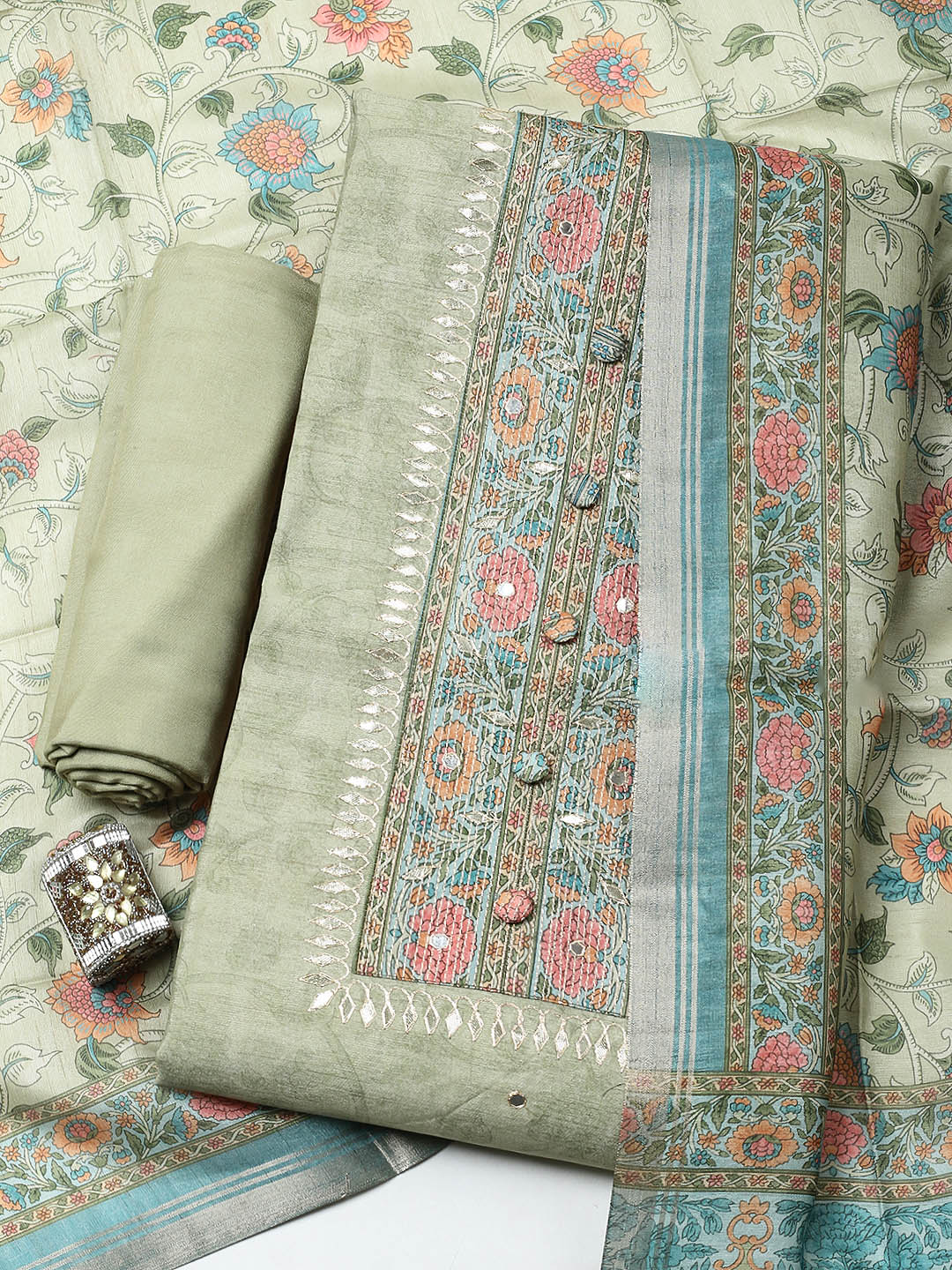 Embroidered Chanderi Unstitched Suit With Pant &amp; Dupatta