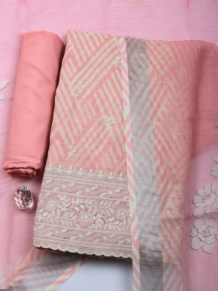 Embroidered Linen Blend Unstitched Suit With Pant &amp; Dupatta