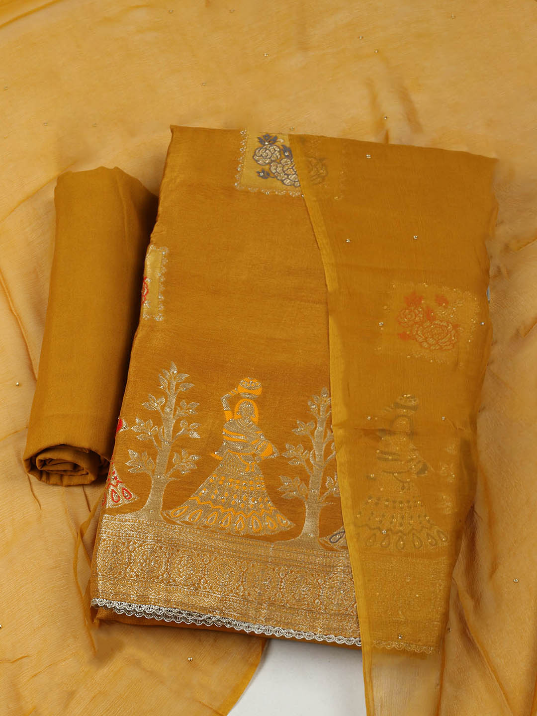 Woven Design Chanderi Unstitched Suit With Pant &amp; Dupatta