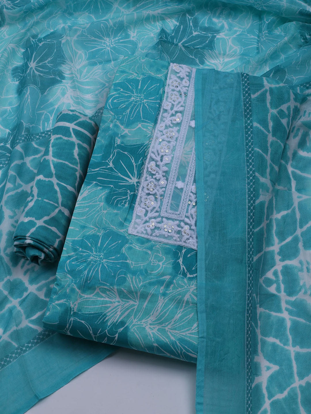 Patch Neck Cotton Blend Unstitched Suit With Dupatta