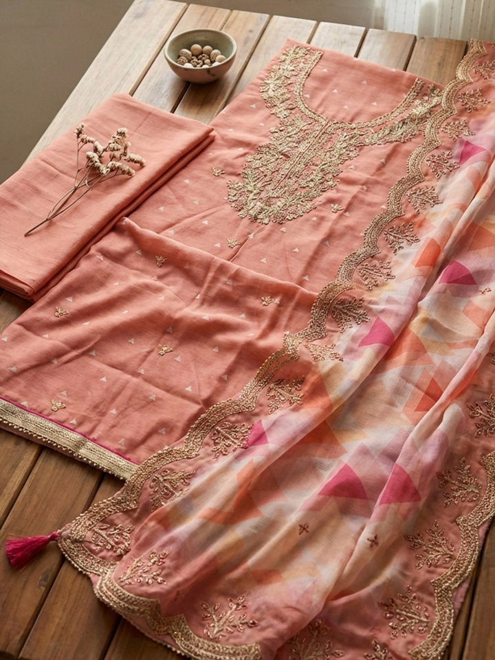 Embroidered Chanderi Unstitched Suit With Pant &amp; Dupatta
