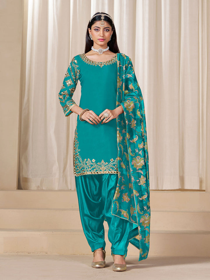 Embroidered Art Silk Semi Stitched Kurta With Patiala Salwar &amp; Dupatta