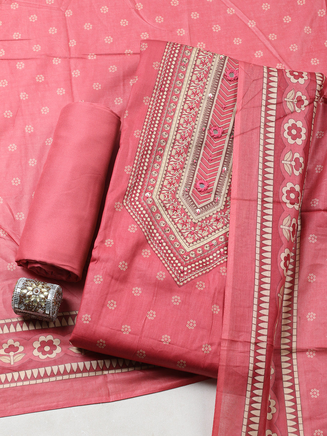 Printed Cotton Blend Unstitched Suit With Pant &amp; Dupatta