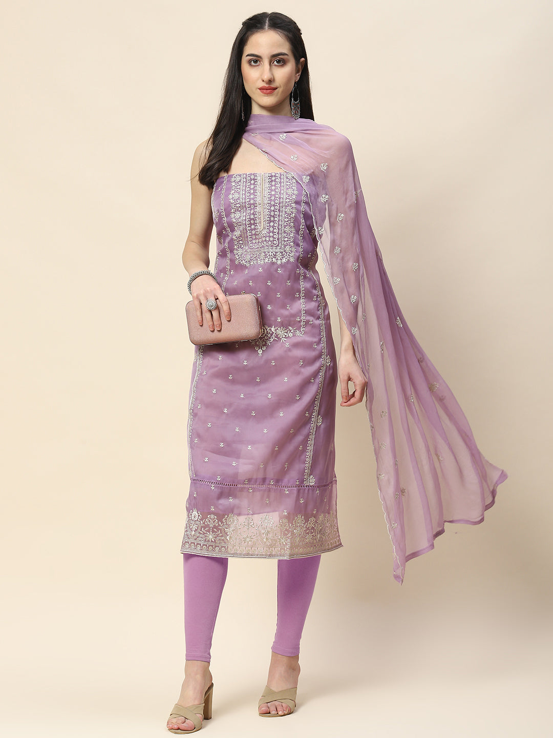 Neck Embroidery Organza Unstitched Suit Piece With Dupatta