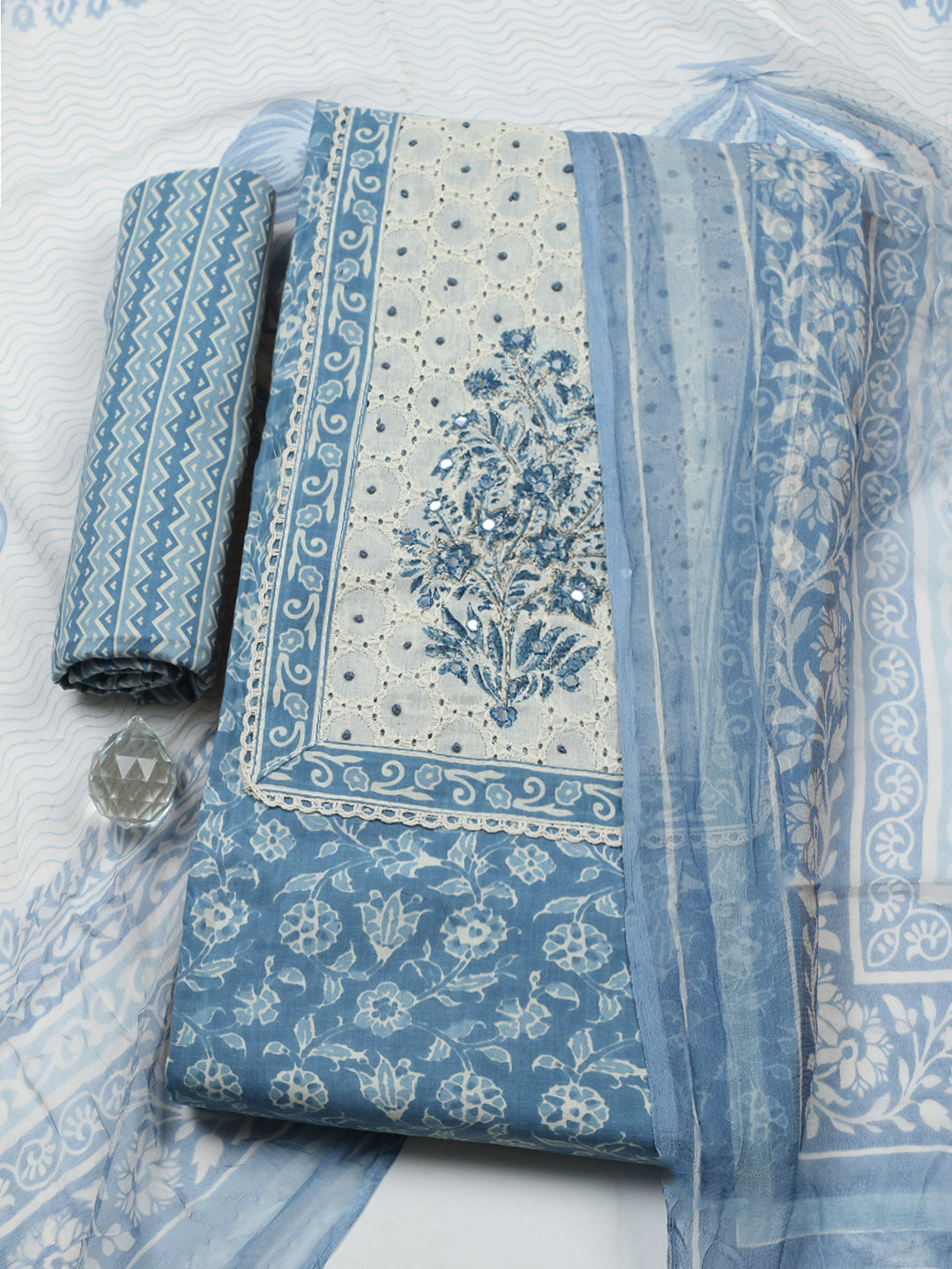 Embroidered Cotton Blend Unstitched Suit With Pant &amp; Dupatta