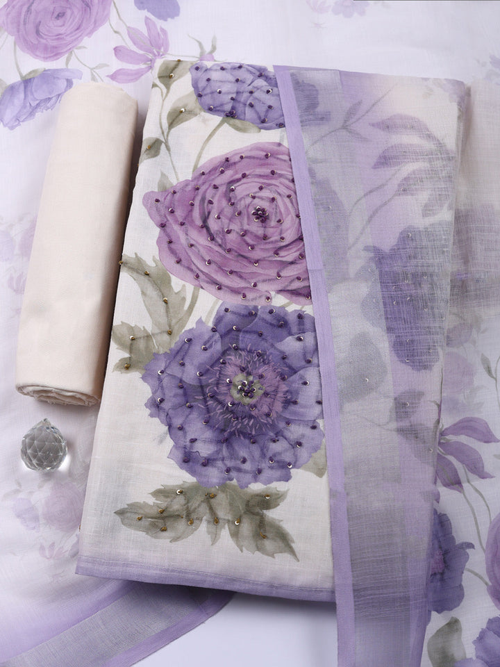 Printed Linen Blend Unstitched Suit With Pant &amp; Dupatta