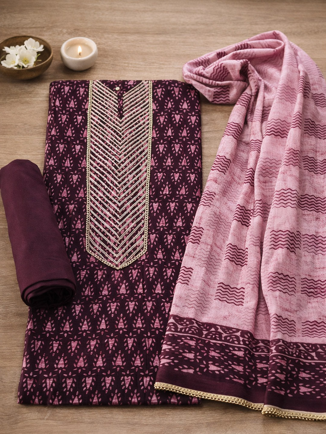 Printed Cotton Blend Unstitched Suit With Pant &amp; Dupatta