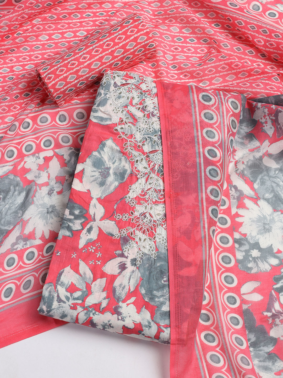 Printed Cotton Blend Unstitched Suit With Dupatta