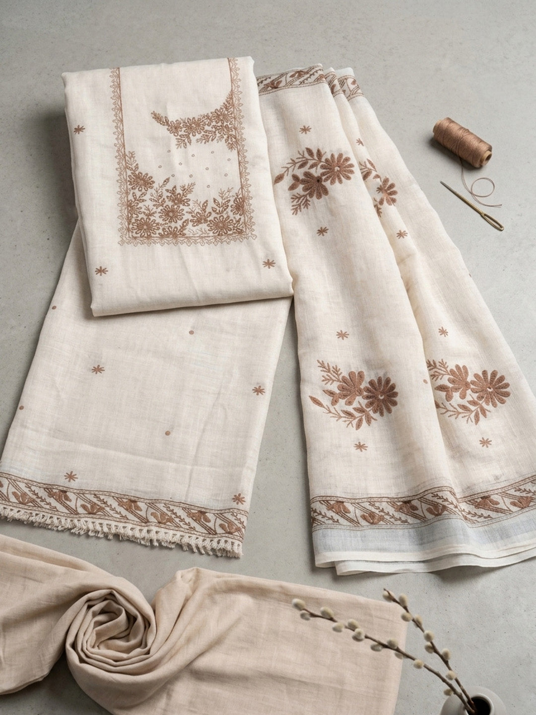 Printed Linen Blend Unstitched Suit With Pant &amp; Dupatta