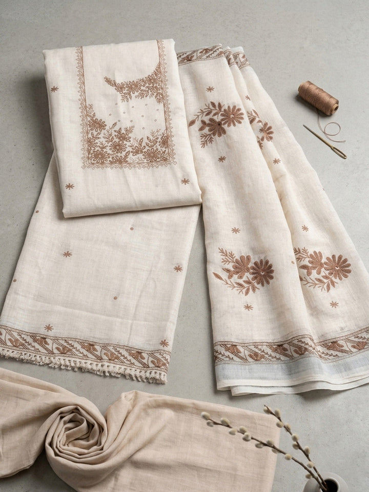Printed Linen Blend Unstitched Suit With Pant &amp; Dupatta