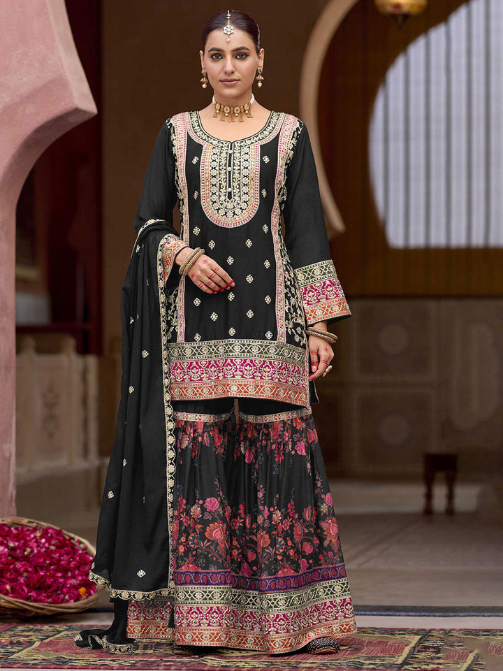 Embroidered Chinon Kurti With Plazzo &amp; Dupatta